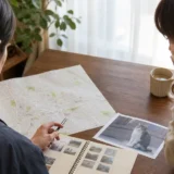 目撃情報を地図と照合する様子