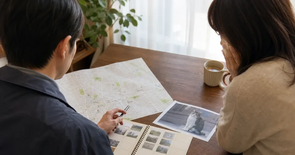 目撃情報を地図と照合する様子