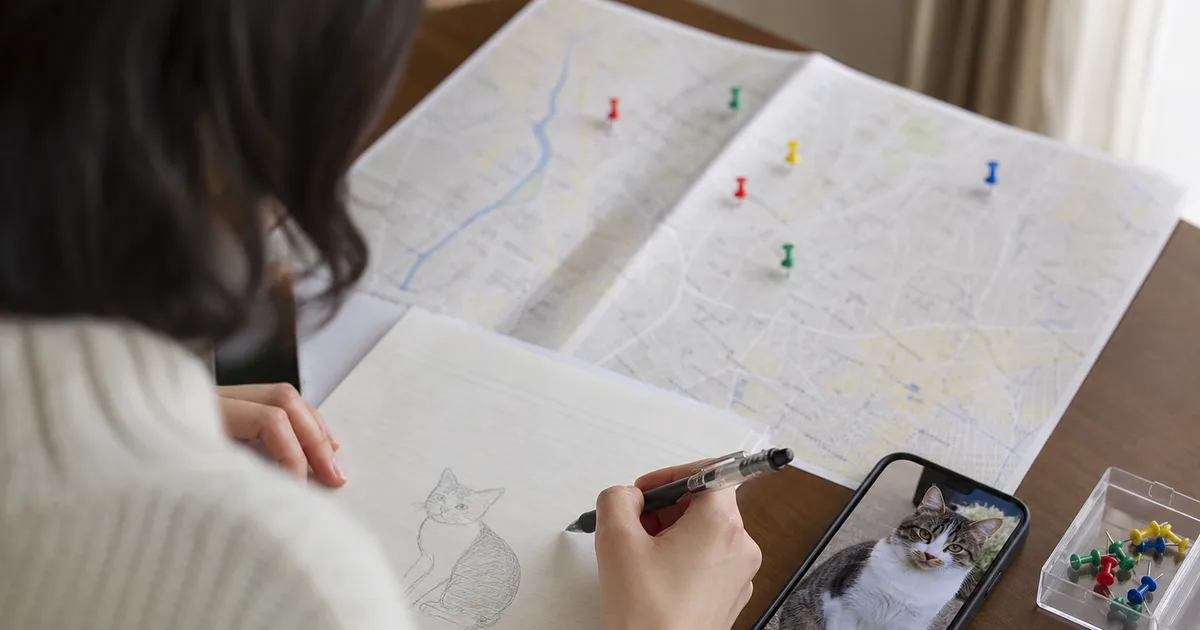 目撃情報を記録したメモと地図