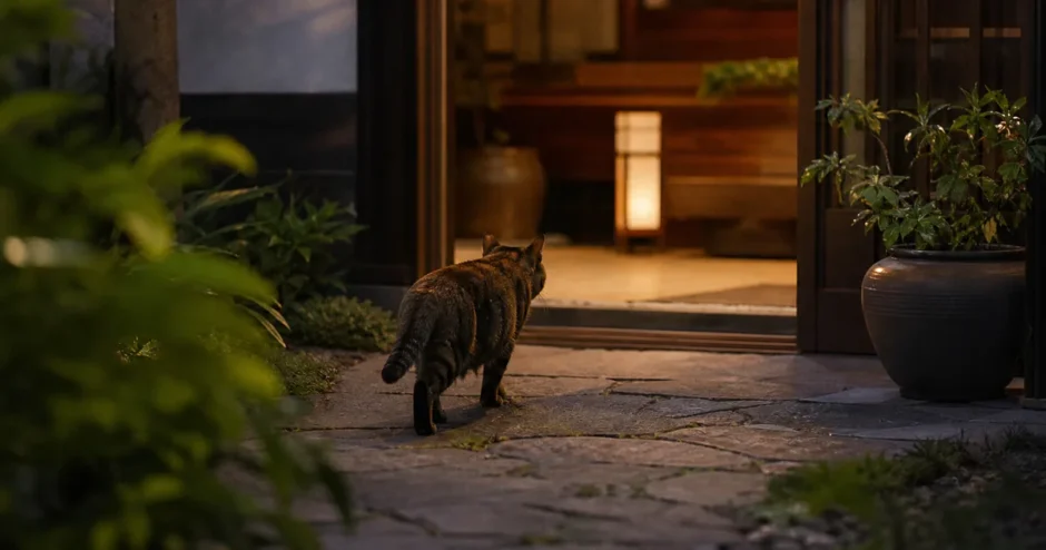 夕方の自宅前へ戻る猫