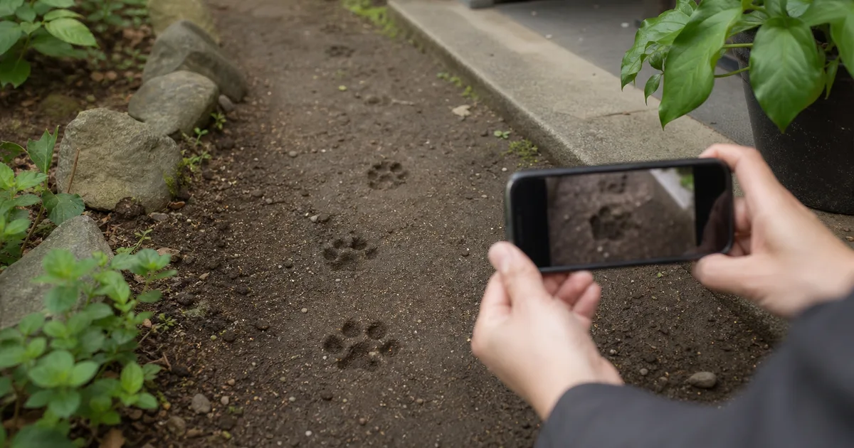 土に残った猫の足跡を記録する様子