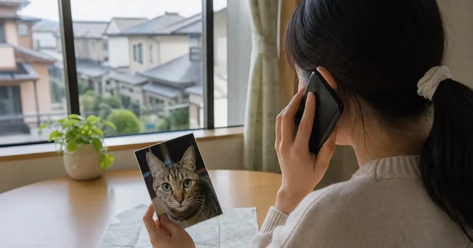 脱走猫の相談をする飼い主