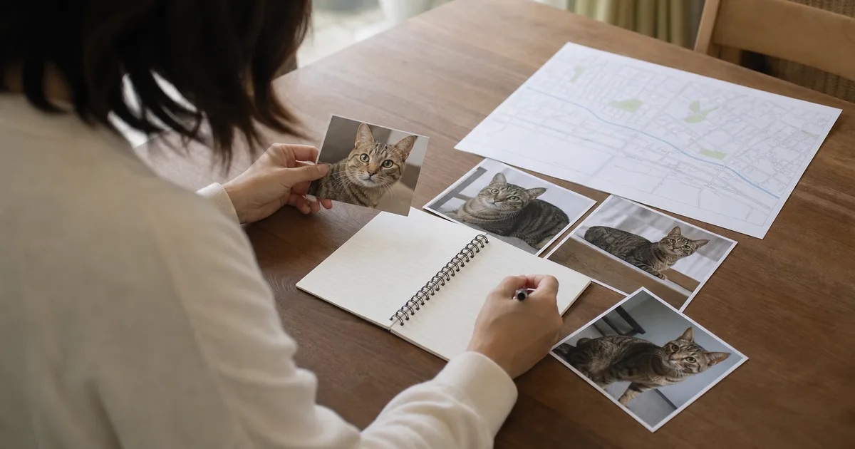 脱走猫の情報を整理する様子